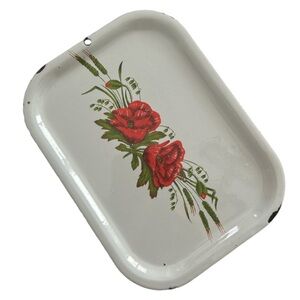 Vintage Style Floral White Enamel Mini Tray Red Poppy Flowers Measures 6 X 4.5”